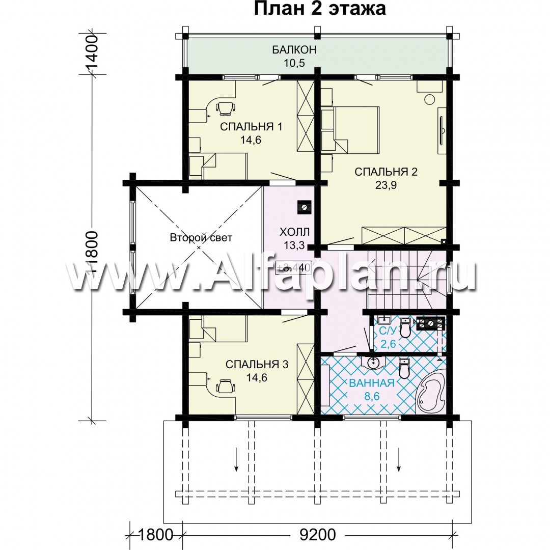 Проект дома с мансардой, из бруса, планировка с кабинетом на 1 эт и с террасой - план дома