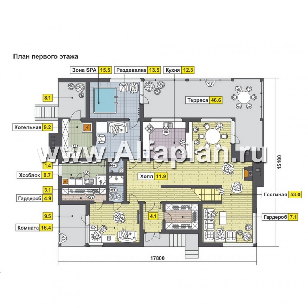 Проект дома с мансардой, план с камином, 2 спальни и сауна на 1 эт, с террасой и с балконом, в стиле хай-тек - план дома