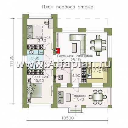 Проекты домов Альфаплан - «Онега» - компактный одноэтажный коттедж с двумя спальнями - превью плана проекта №1