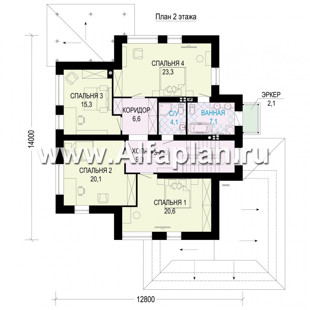 Проект двухэтажного коттеджа, планировка с кабинетом и с гаражом на 2 авто, с террасой, с цокольным этажом - план дома
