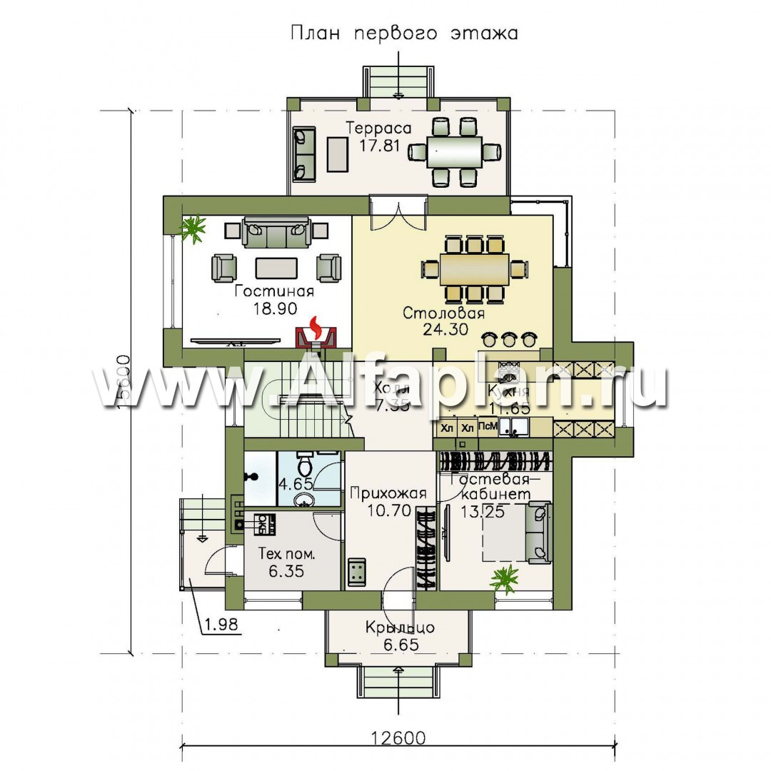 «Брилланте» - проект дома с мансардой, из кирпичей, с террасой и балконом, с пирамидальной кровлей - план дома
