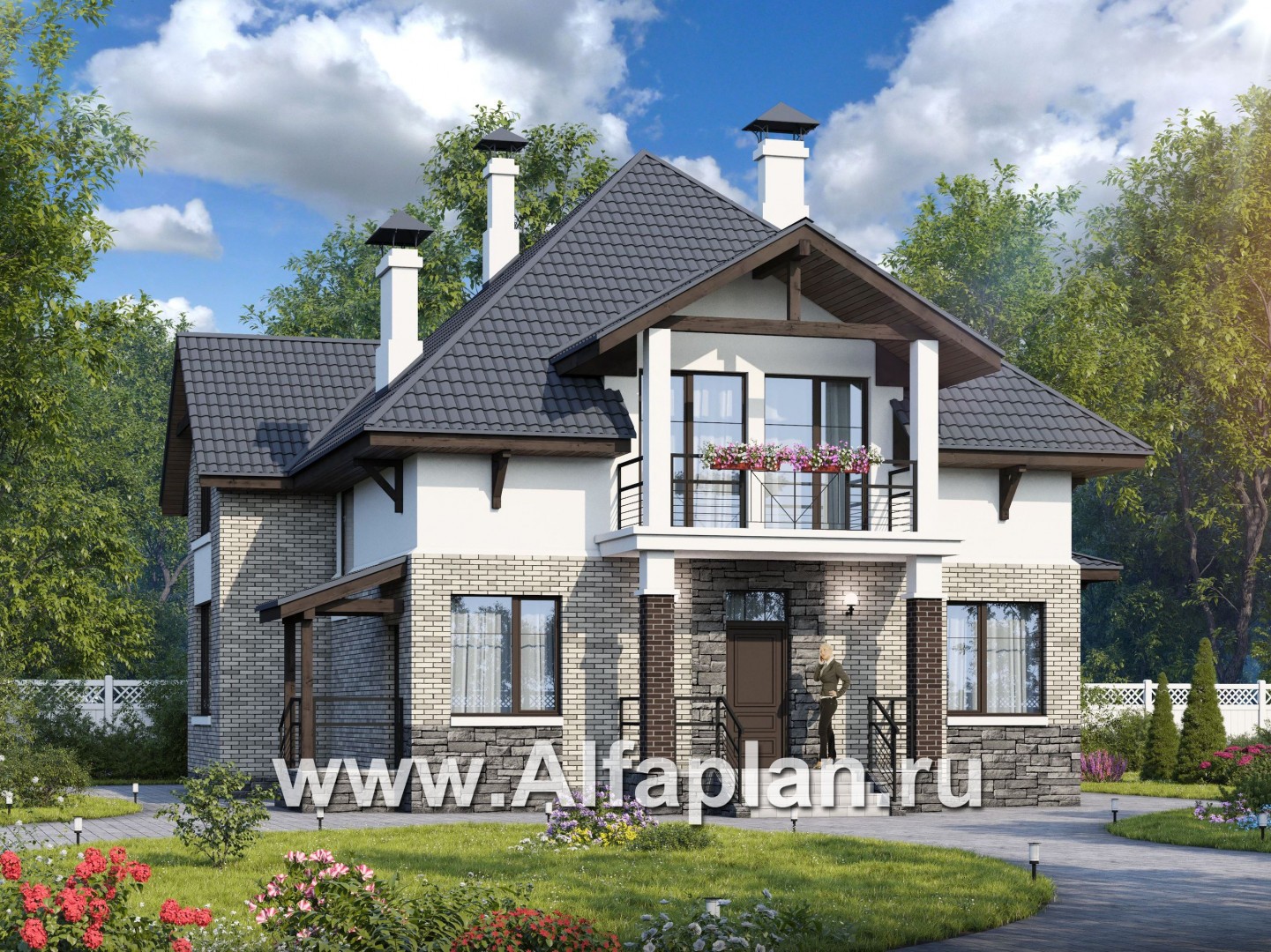 «Брилланте» - проект дома с мансардой, из кирпичей, с террасой и балконом, с пирамидальной кровлей - основное изображение