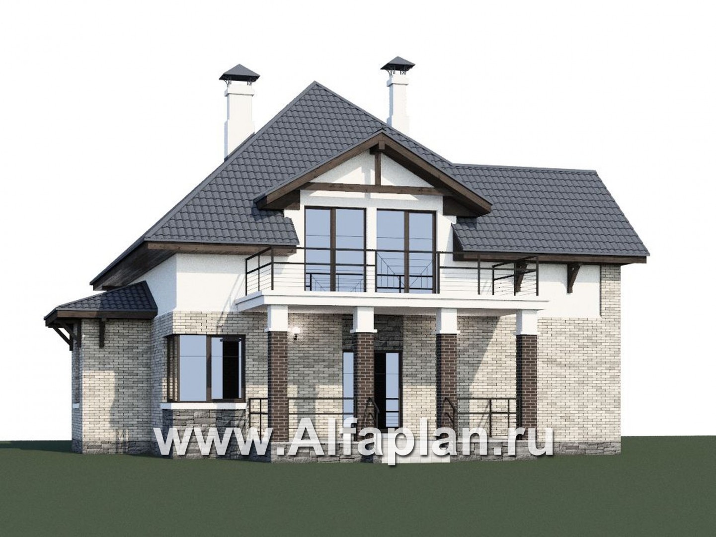 «Брилланте» - проект дома с мансардой, из кирпичей, с террасой и балконом, с пирамидальной кровлей - дизайн дома №1