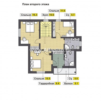 Проект каркасного дома с мансардой, мастер спальня, планировка с кабинетом на 1 эт, с террасой и с балконом - превью план дома