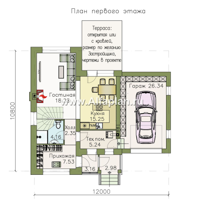 «Каюткомпания» - проект двухэтажного дома для небольшой семьи, с гаражом на 1 авто - превью план дома
