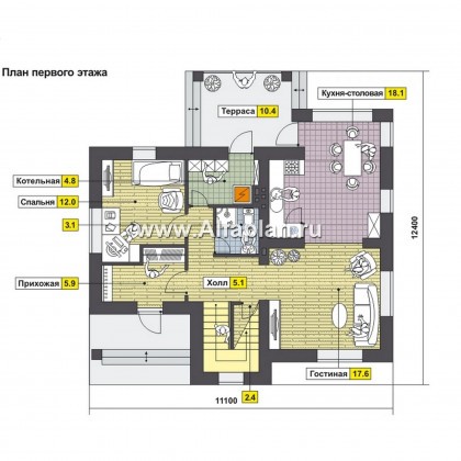Проект двухэтажного дома, планировка с гостевой на 1 эт и 3 спальни на 2 эт, с террасой - превью план дома