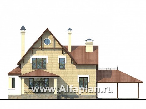 «Золотая середина» - проект коттеджа с жилой мансардой, планировка с сауной, с эркером и навесом для 2 авто - превью фасада дома